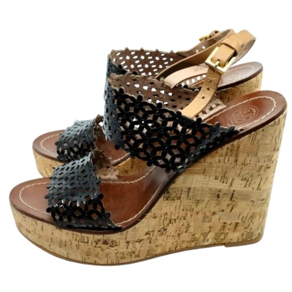 TORY BURCH~Daisy Floral~BLACK PERFORATED LEATHER PLATFORM SANDALS SHOES Sz 10 - Picture 4 of 7